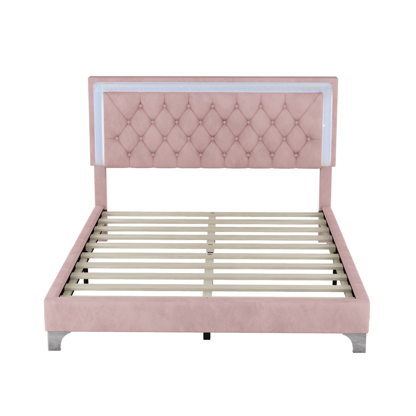 upholstered velvet bed frame with led lights, pink
