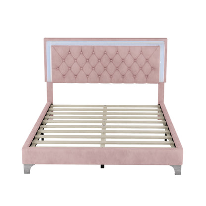 Upholstered Velvet Bed Frame with LED Lights, Pink