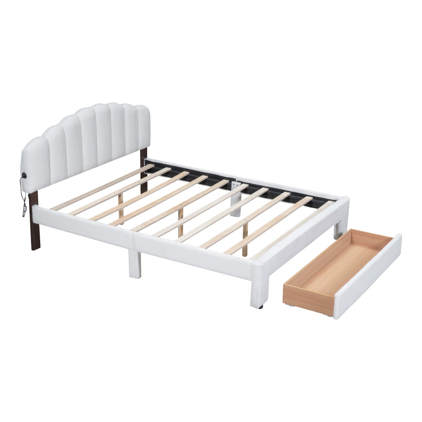 teddy fleece upholstered platform bed with drawer, white