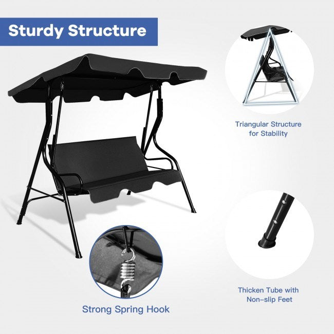 3 seat outdoor patio canopy swing with cushioned steel frame
