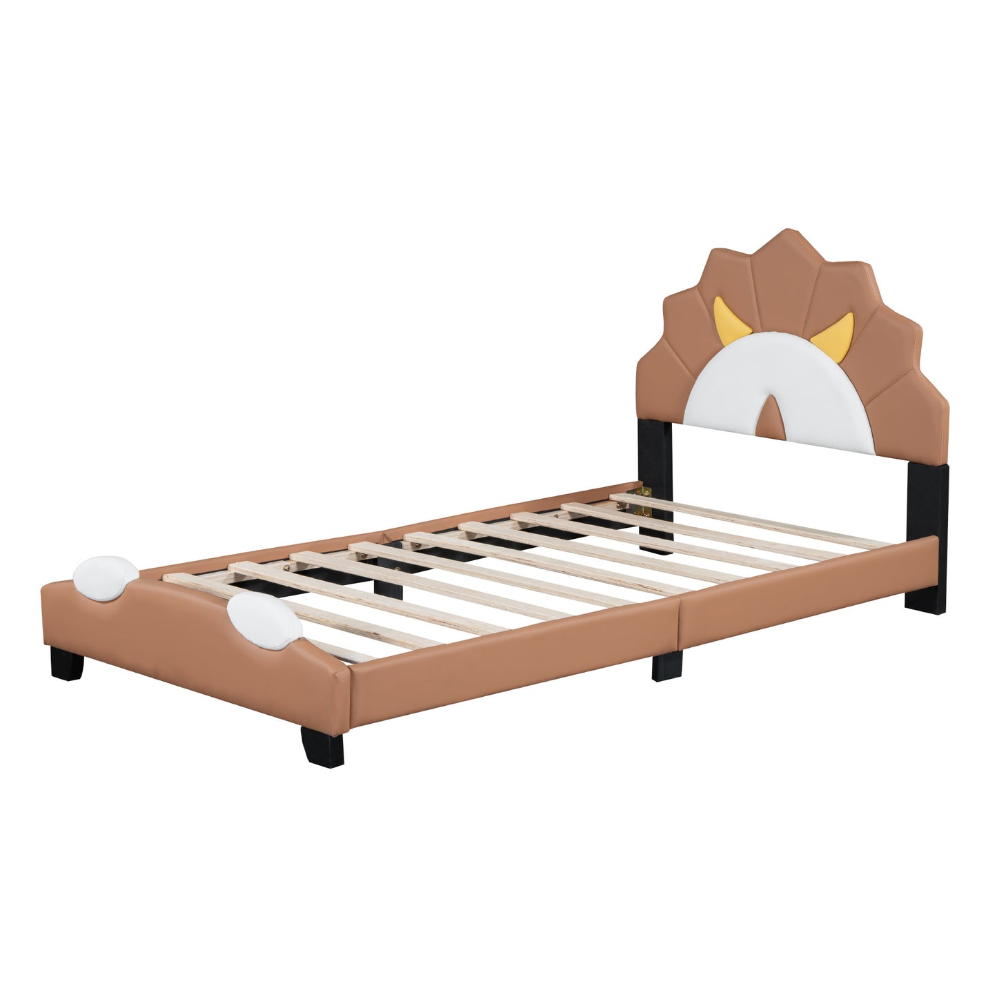 upholstered leather platform bed with lion-shaped headboard, brown