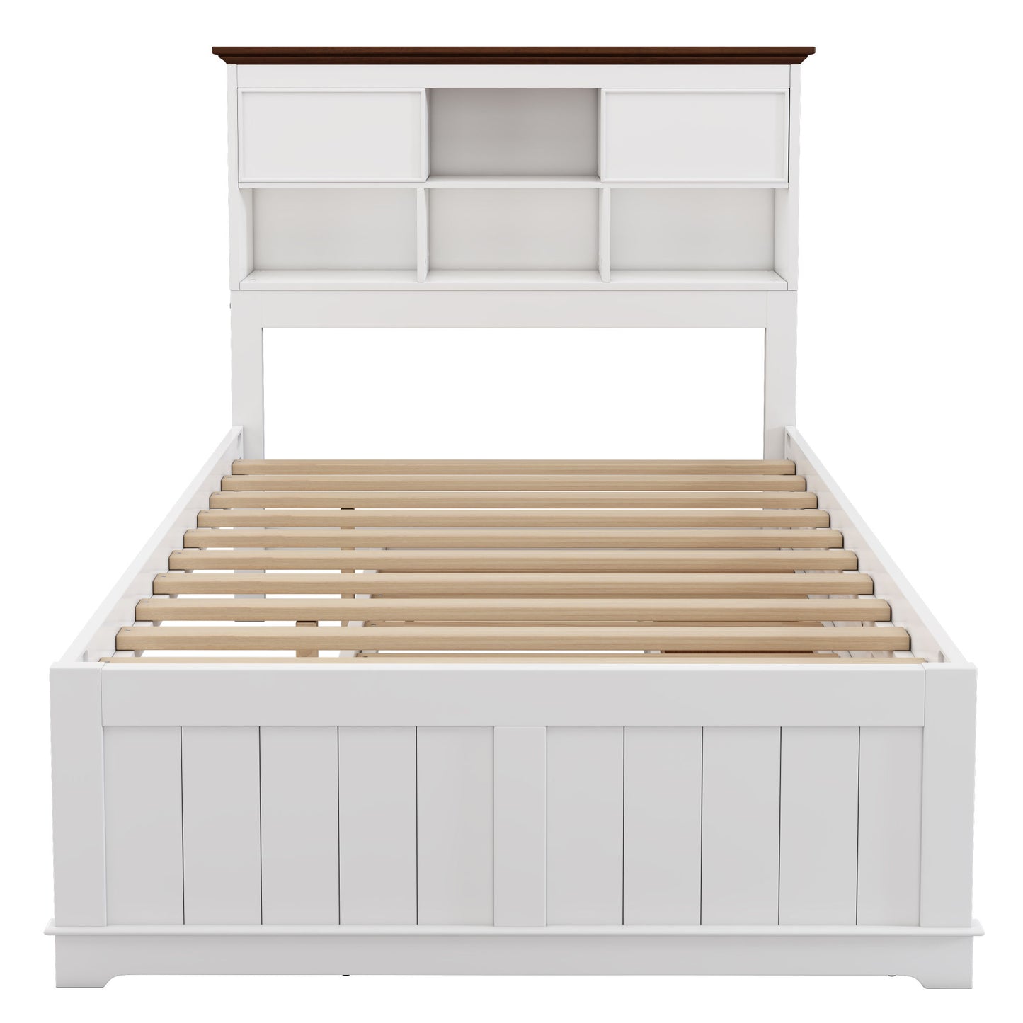 wooden captain bed with trundle and nightstand, white+walnut