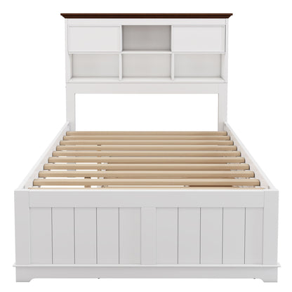 Wooden Captain Bed with Trundle and Nightstand, White+Walnut