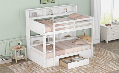 Twin Size Bunk Bed with Built-in Shelves, White