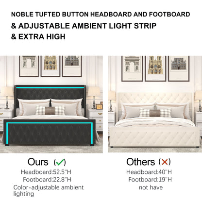 Velvet Upholstered Bed with Deep Tufted Buttons & Adjustable Colorful LED Light, Black