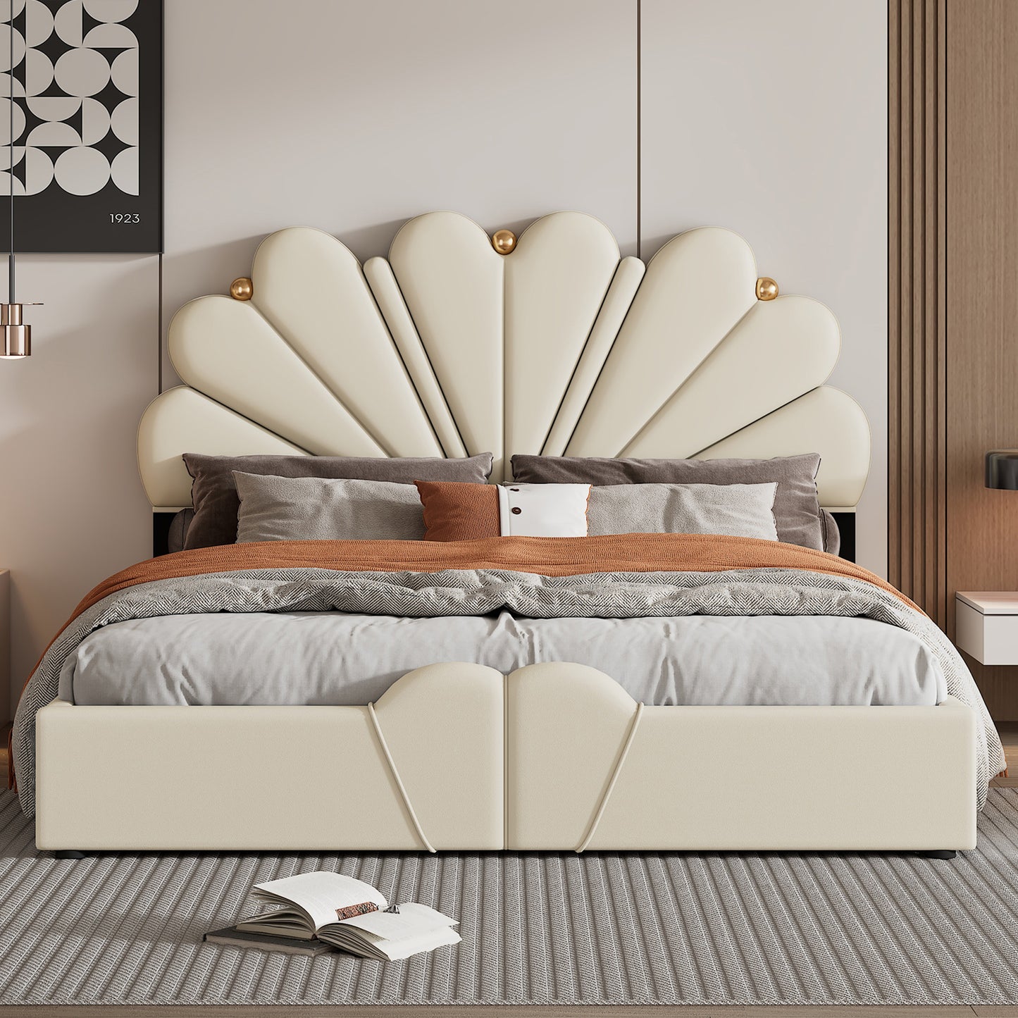 upholstered petal shaped platform bed with hydraulic storage system, pu storage bed, beige