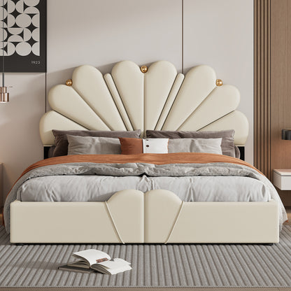 Upholstered Petal Shaped Platform Bed with Hydraulic Storage System, PU Storage Bed, Beige