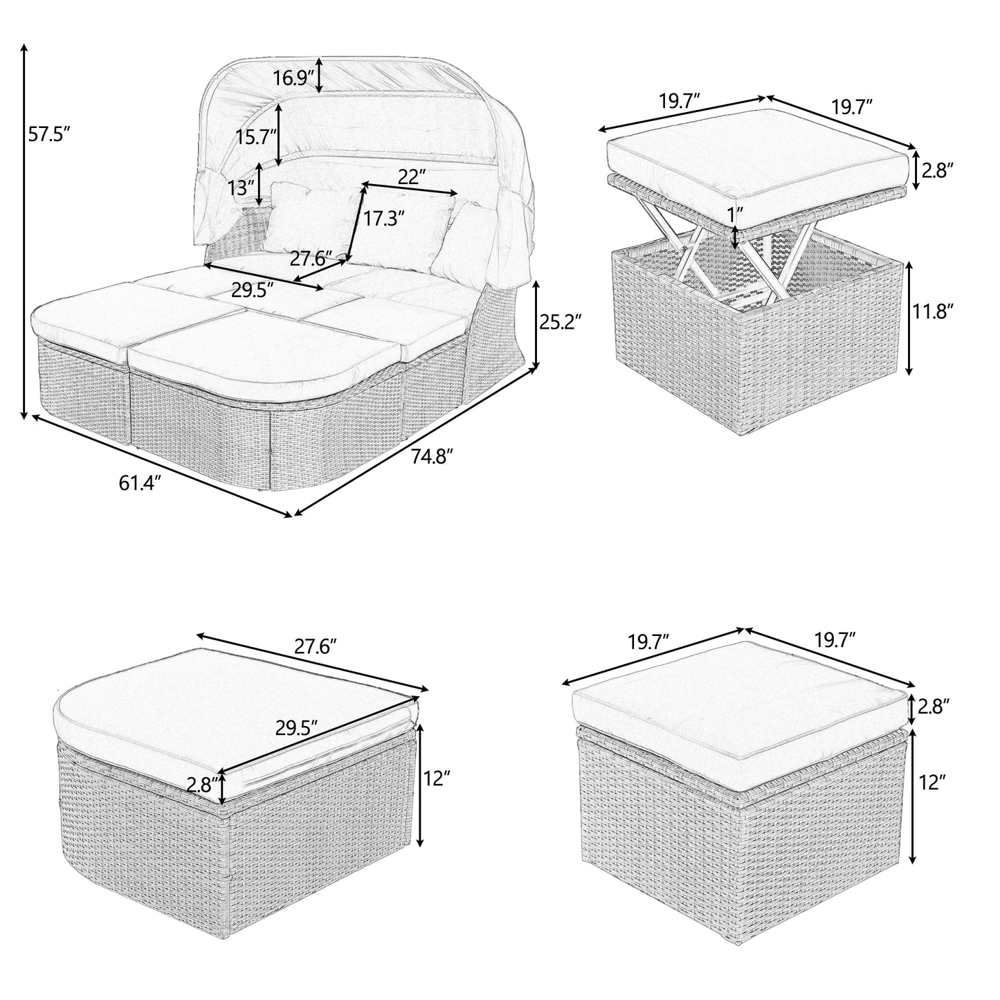 daybed/sunbed with retractable canopy set
