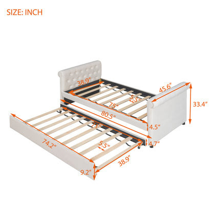 Twin Size Upholstered Bed with Trundle, Beige