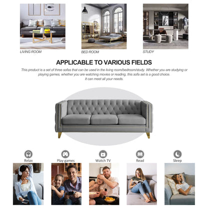 Velvet Sofa Tufted Square Arm Couch, Grey Velvet