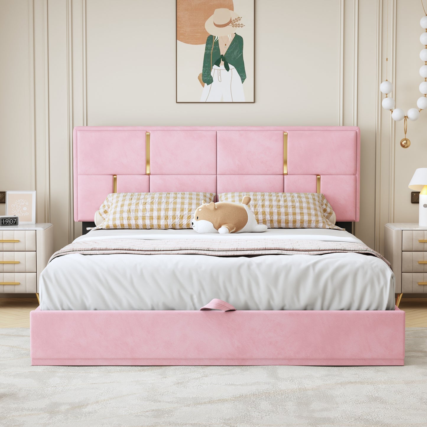 upholstered platform bed with hydraulic storage system, pink