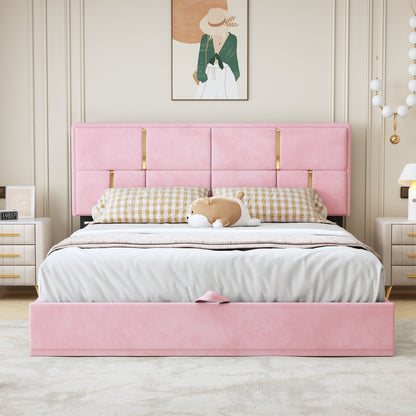 Upholstered Platform Bed with Hydraulic Storage System, Pink