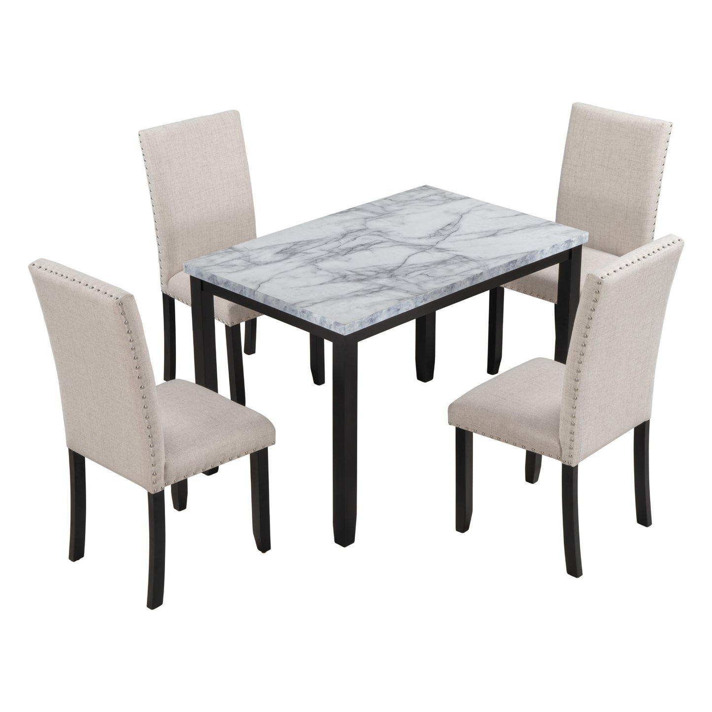 faux marble 5-piece dining table set ,white/beige+black