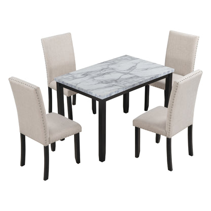 Faux Marble 5-Piece Dining Table Set ,White/Beige+Black