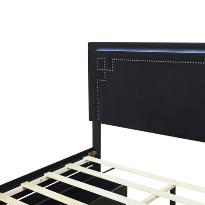 Upholstered Platform Bed with Rivet-decorated Headboard, LED bed frame and 4 Drawers, Black