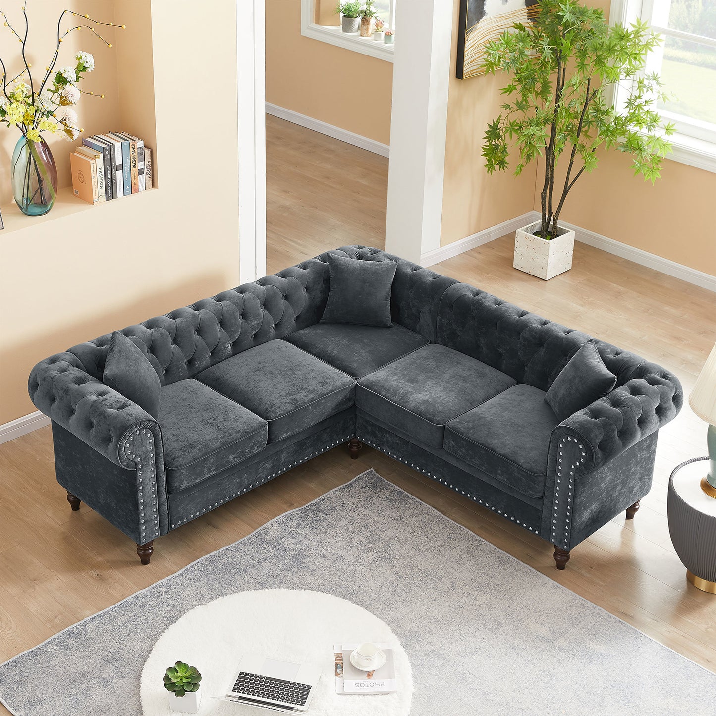 moe upholstered sectional, grey velvet
