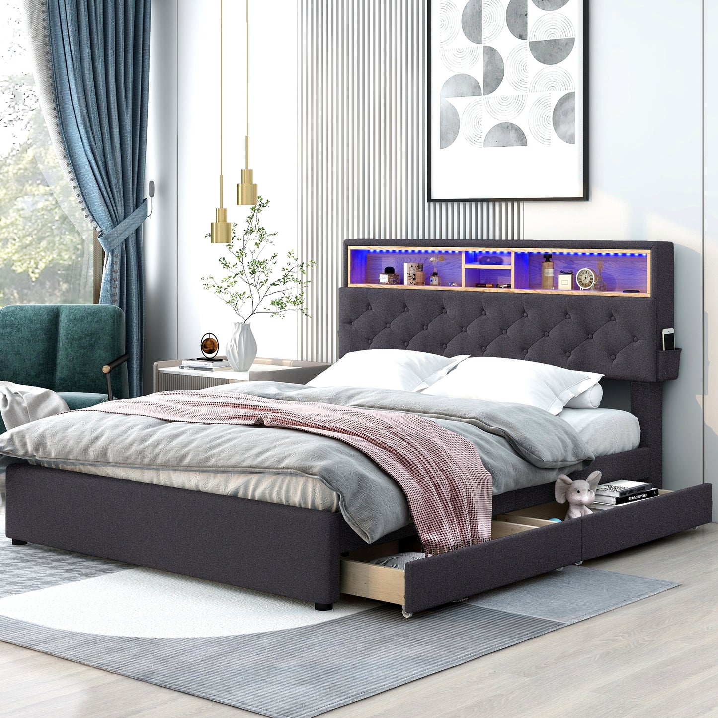 queen size upholstered platform bed with storage headboard, led, usb charging and 2 drawers, dark gray