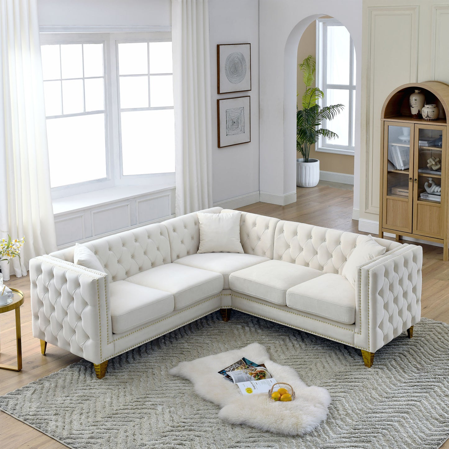 zara velvet l-shaped corner sectional, beige