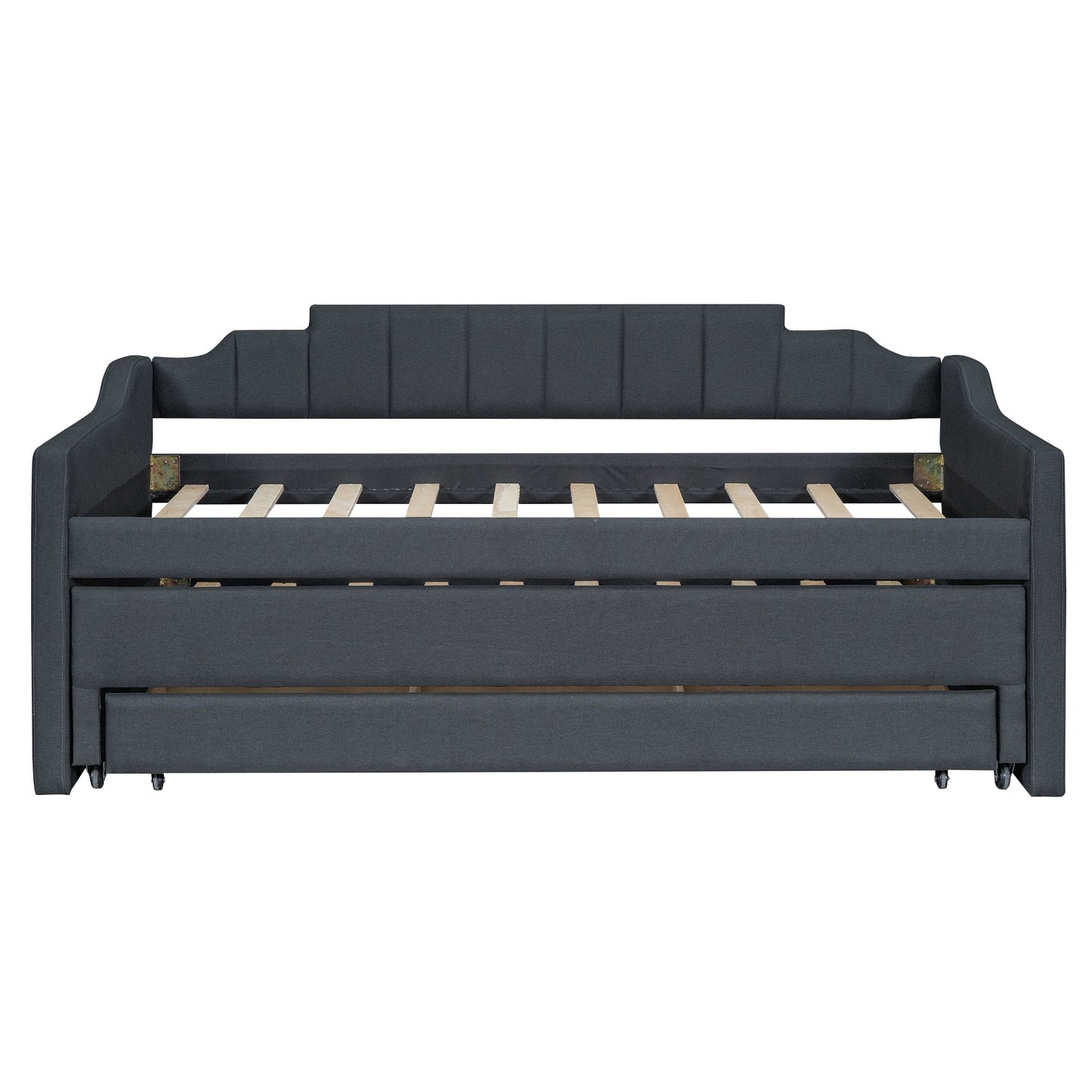 upholstered bed with trundle and three drawers, grey