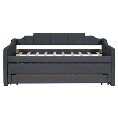 Upholstered Bed with Trundle and Three Drawers, Grey