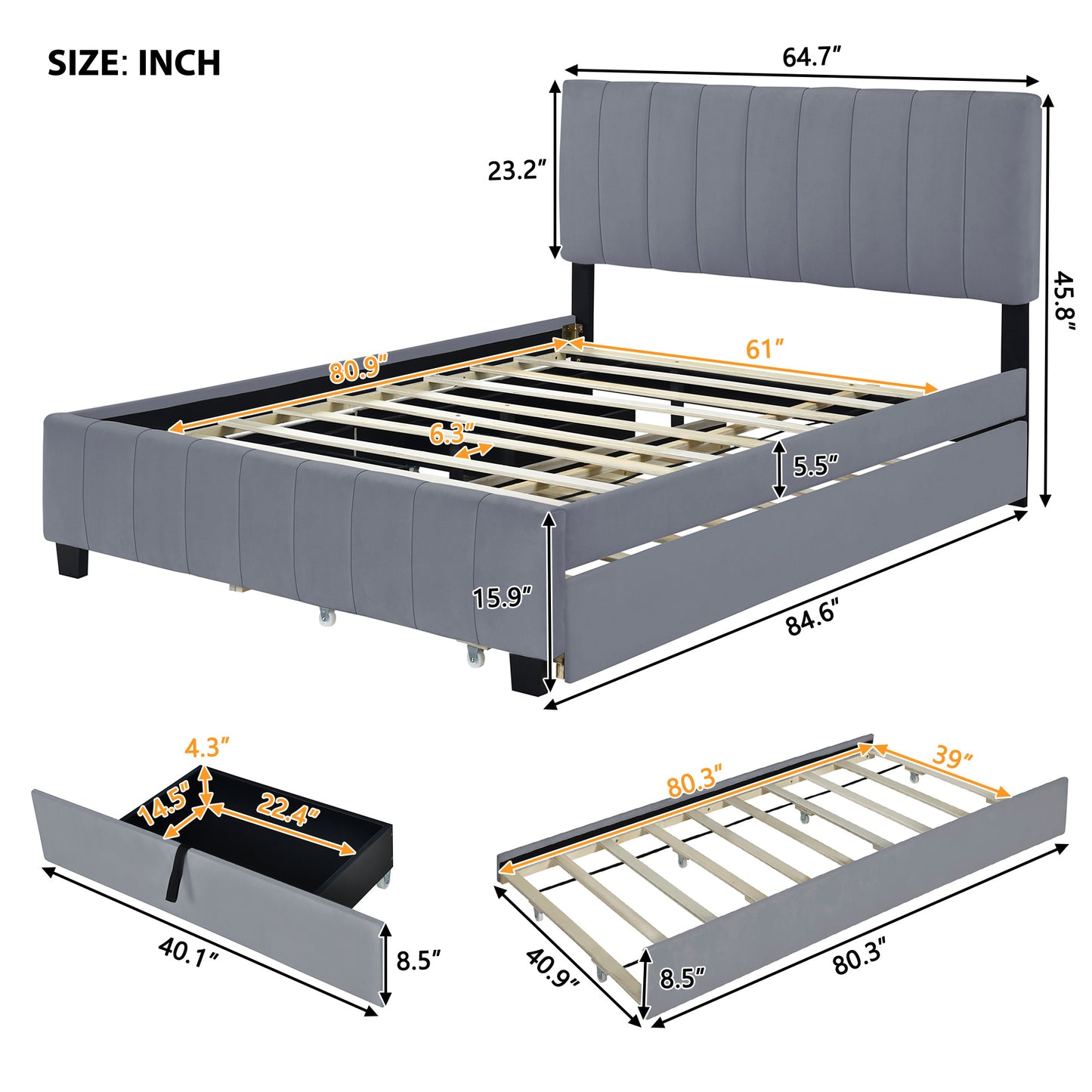 elegant velvet upholstered platform bed with 2 drawers and 1 twin xl trundle- gray