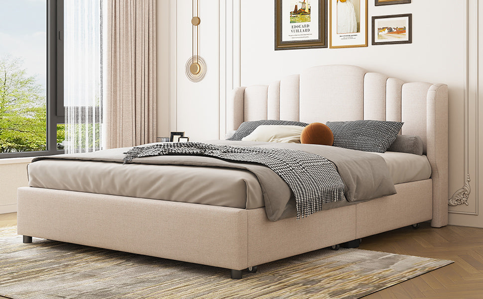 mie upholstered platform bed with wingback headboard and 4 drawers