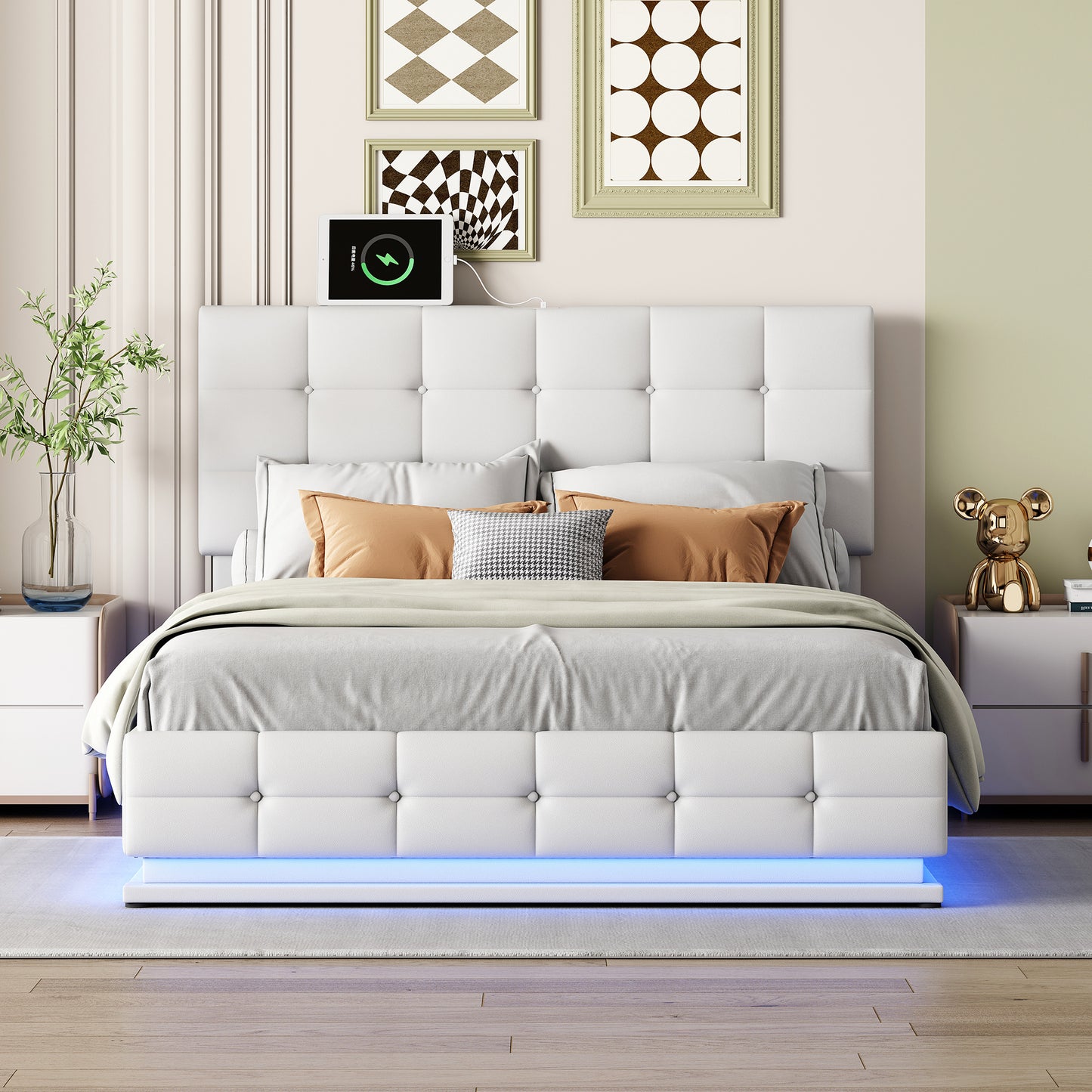 tufted upholstered platform bed with hydraulic storage system, led lights, and usb charger, black