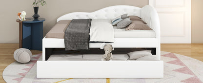 PU Upholstered Tufted Daybed with Trundle and Cloud Shaped Guardrail, White