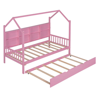 Wooden House Bed with Trundle, Pink