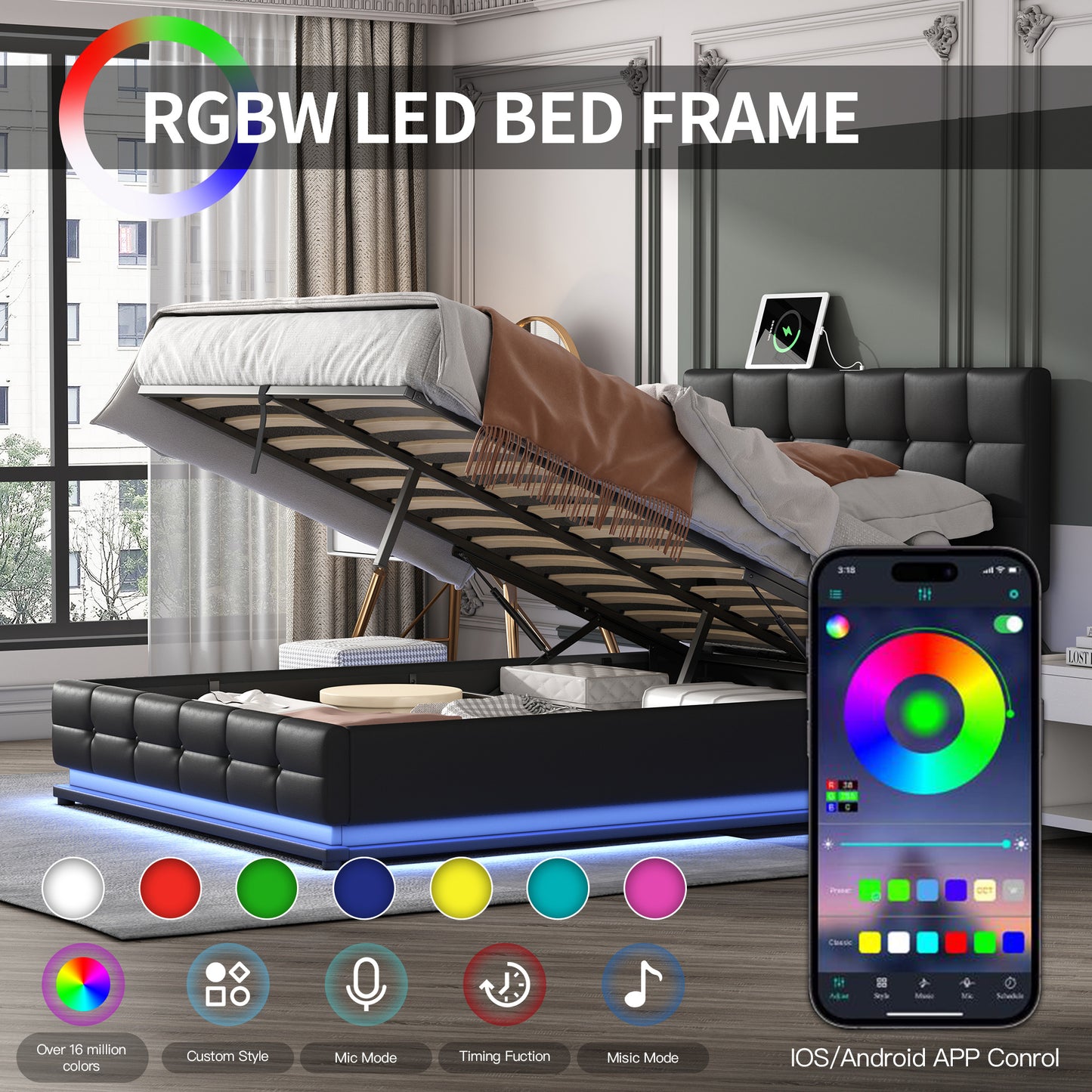tufted upholstered platform bed with hydraulic storage system, led lights, and usb charger, black