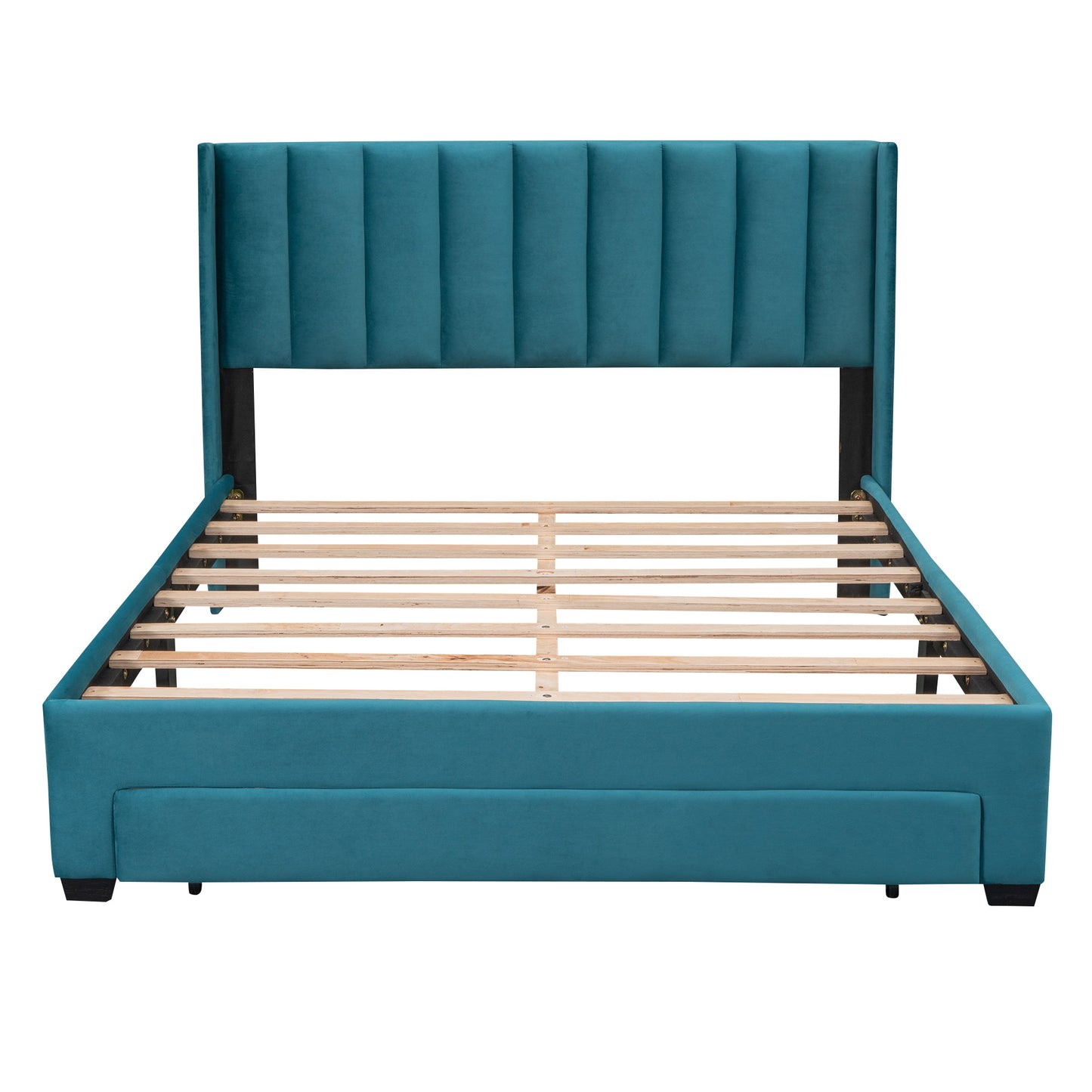 velvet upholstered platform bed with a big drawer - blue
