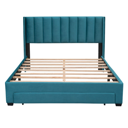 Velvet Upholstered Platform Bed with a Big Drawer - Blue