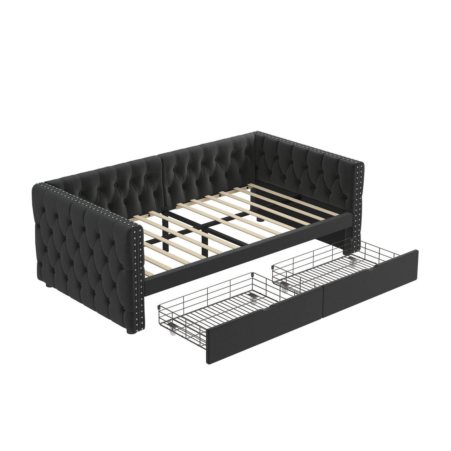 velvet upholstered tufted bed with drawers, black