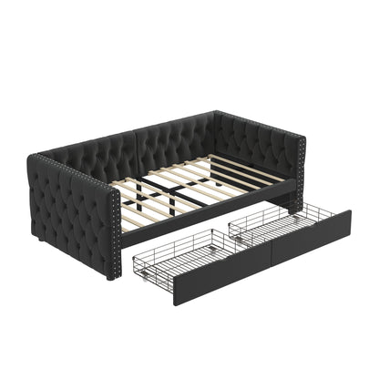 Velvet Upholstered Tufted Bed with Drawers, Black