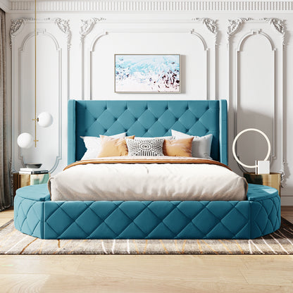 Upholstered Platform Storage Velvet Bed with Wingback Headboard, Blue