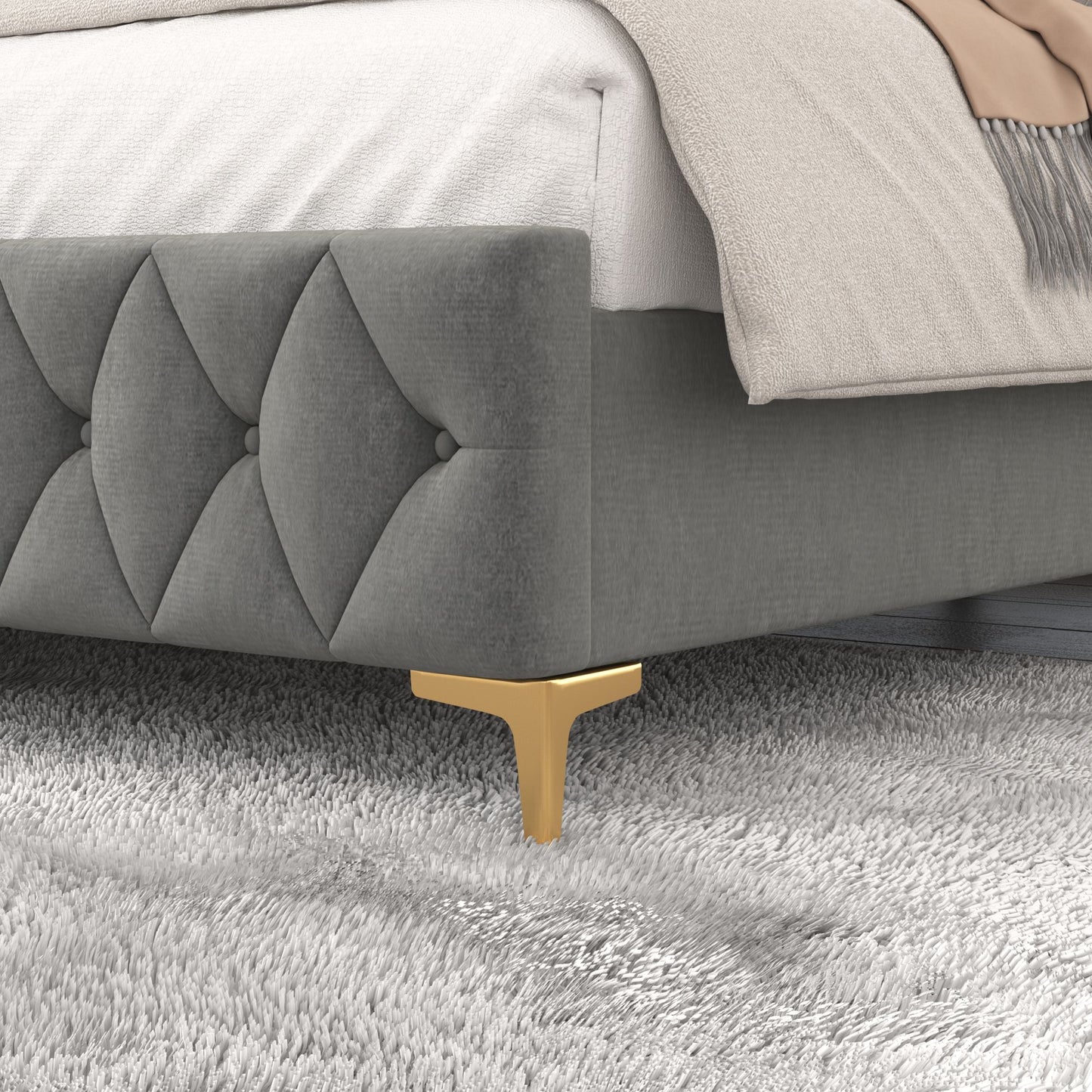 velvet upholstered bed with deep tufted buttons & pneumatic hydraulic function, grey