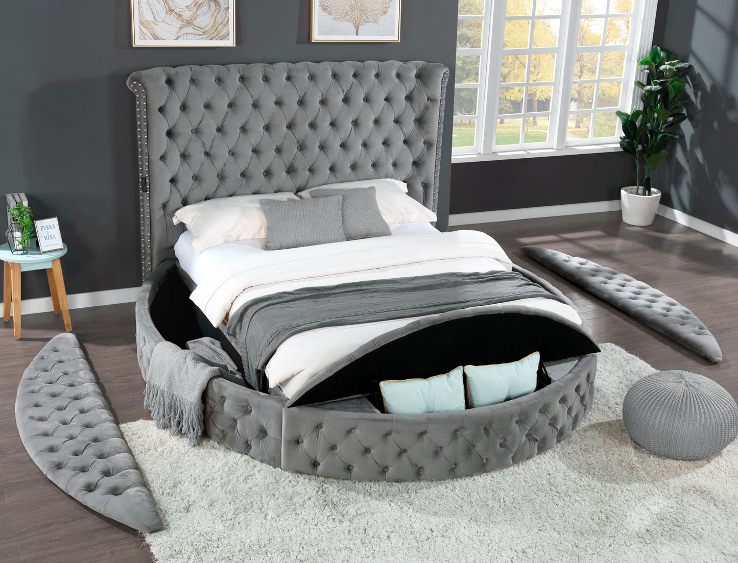 hazel queen size tufted storage bed made with wood in gray