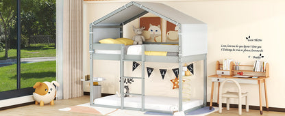 Twin Over Twin Bunk Bed Wood Bed with Tent