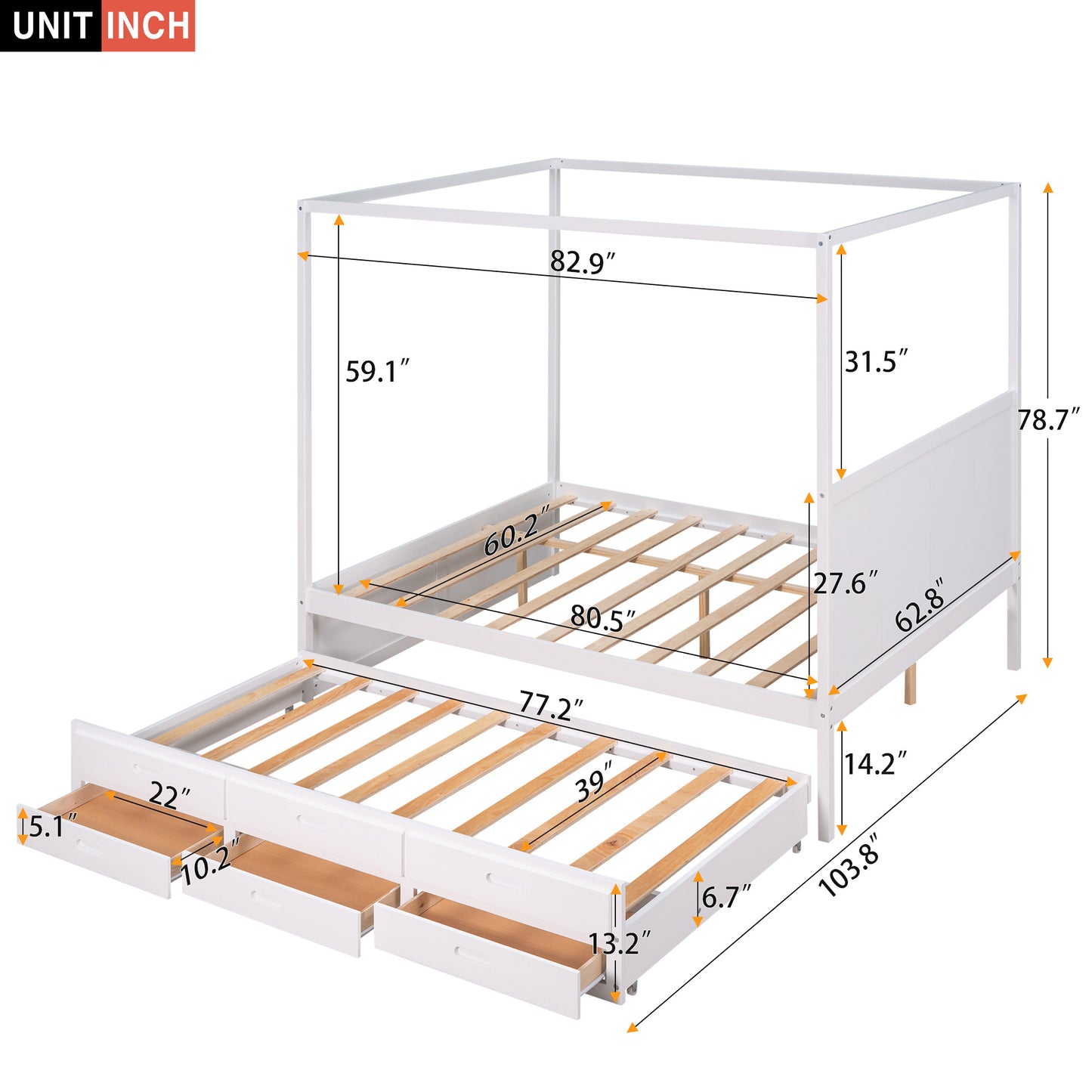queen size canopy platform bed with twin size trundle and three storage drawers,white