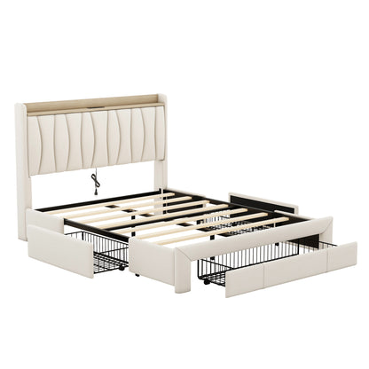 Queen Size Bed Frame with Storage Headboard and Charging Station, Beige