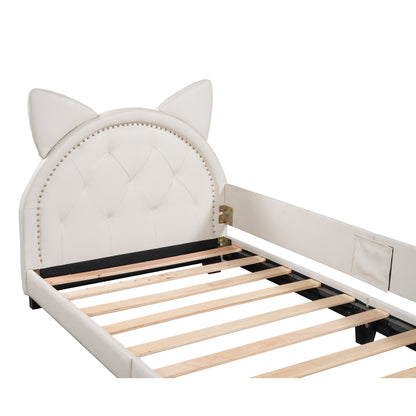Upholstered Bed with Carton Ears Shaped Headboard, White