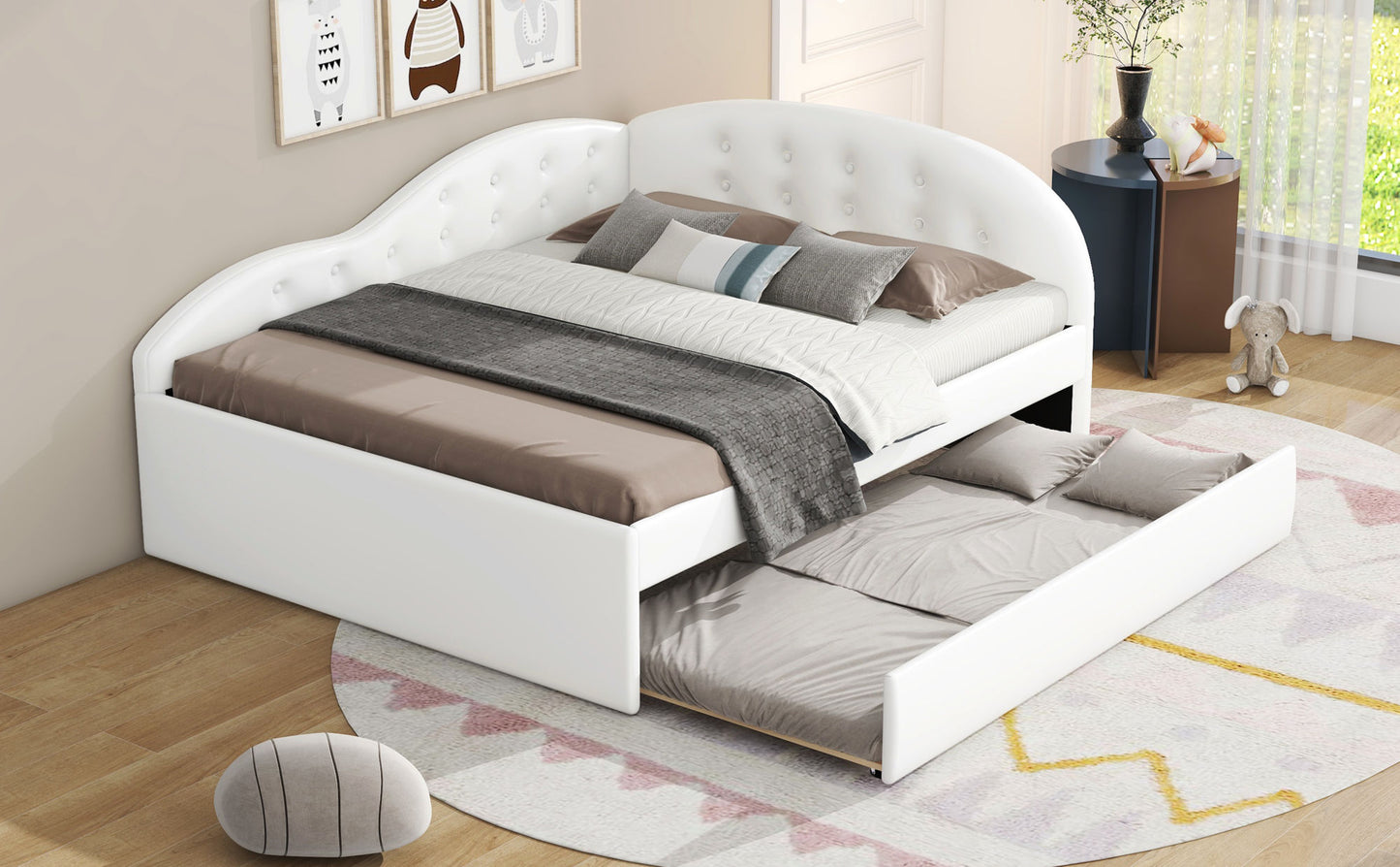 pu upholstered tufted daybed with trundle and cloud shaped guardrail, white