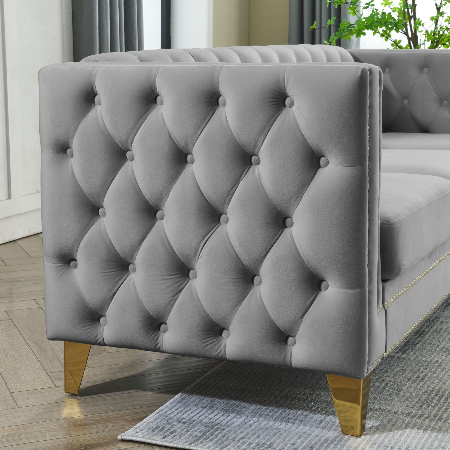 sara velvet sofa, grey velvet