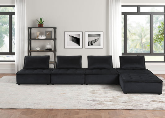 Anna  Black Velvet 5 Pc Sectional Sofa with Ottoman