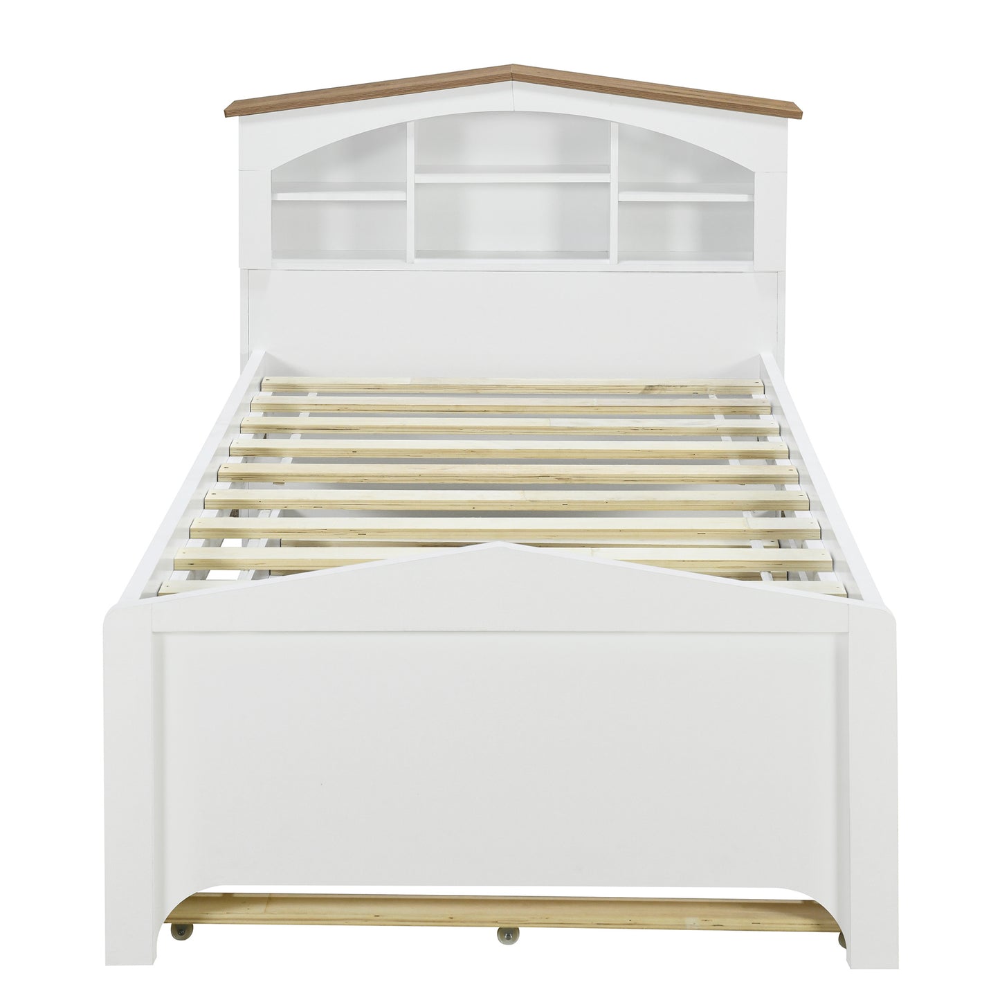 house-shaped bed with storage headboard and trundle, white