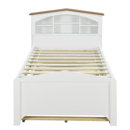 House-shaped Bed with Storage Headboard and Trundle, White