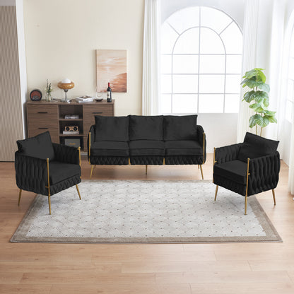 Fiona Fluffy Tufted Upholstered Sofa Set, Black Velvet