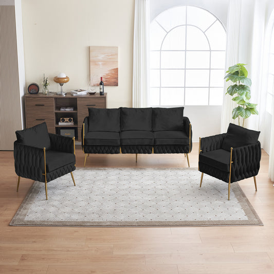 Fiona Fluffy Tufted Upholstered Sofa Set, Black Velvet