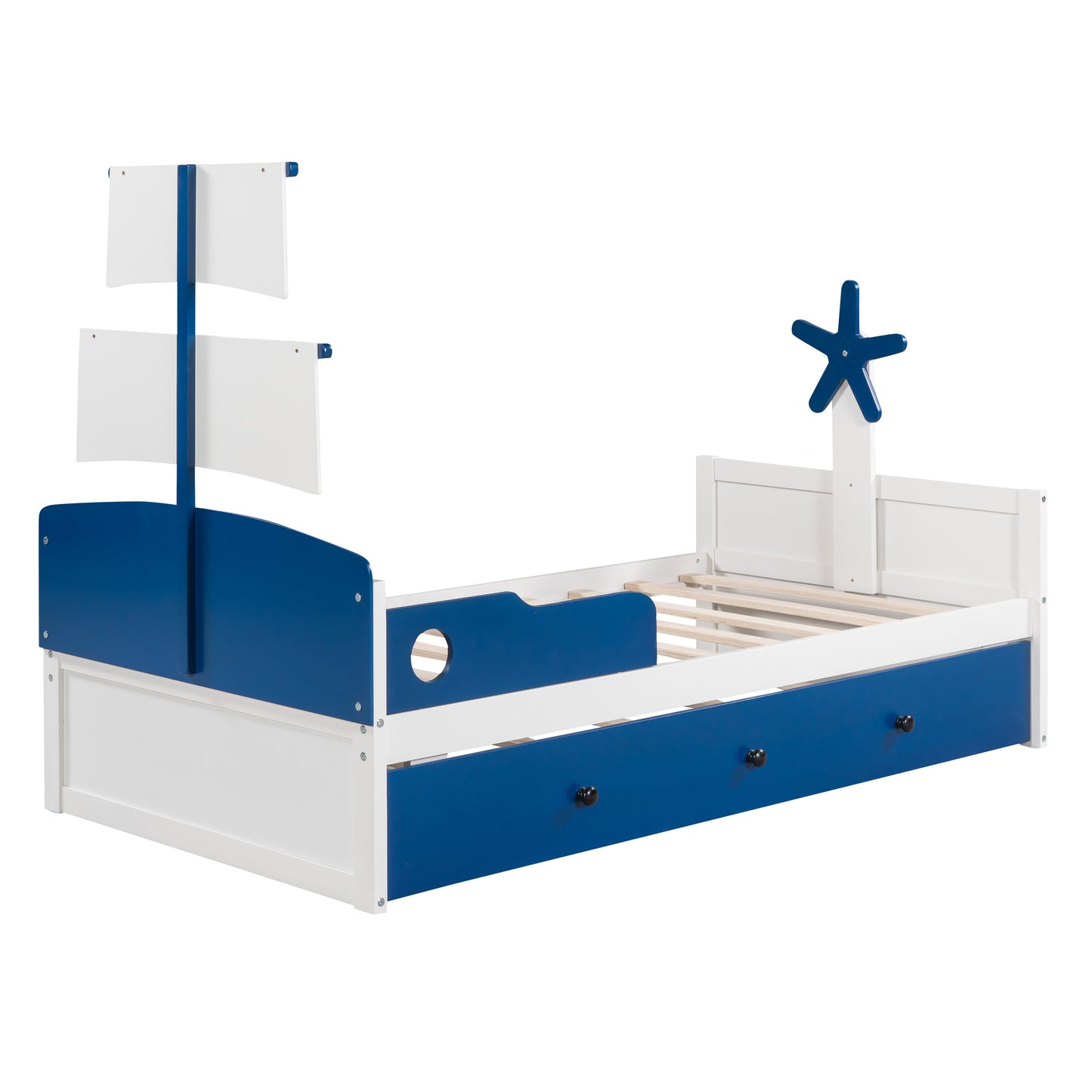 3-pieces boat-shaped platform bed with trundle and two nightstands, white+blue