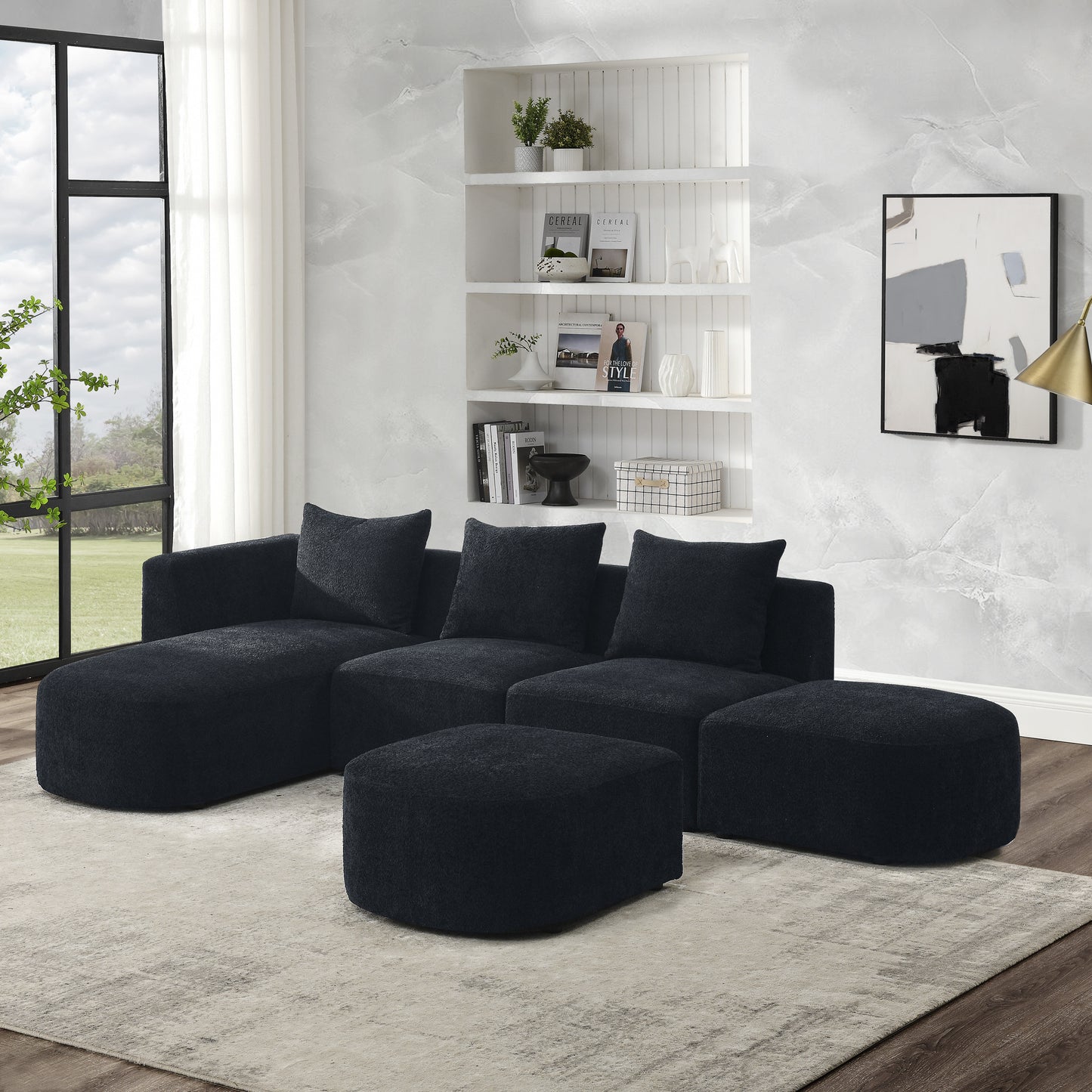 barney l shape sectional sofa with 2 ottomans, black